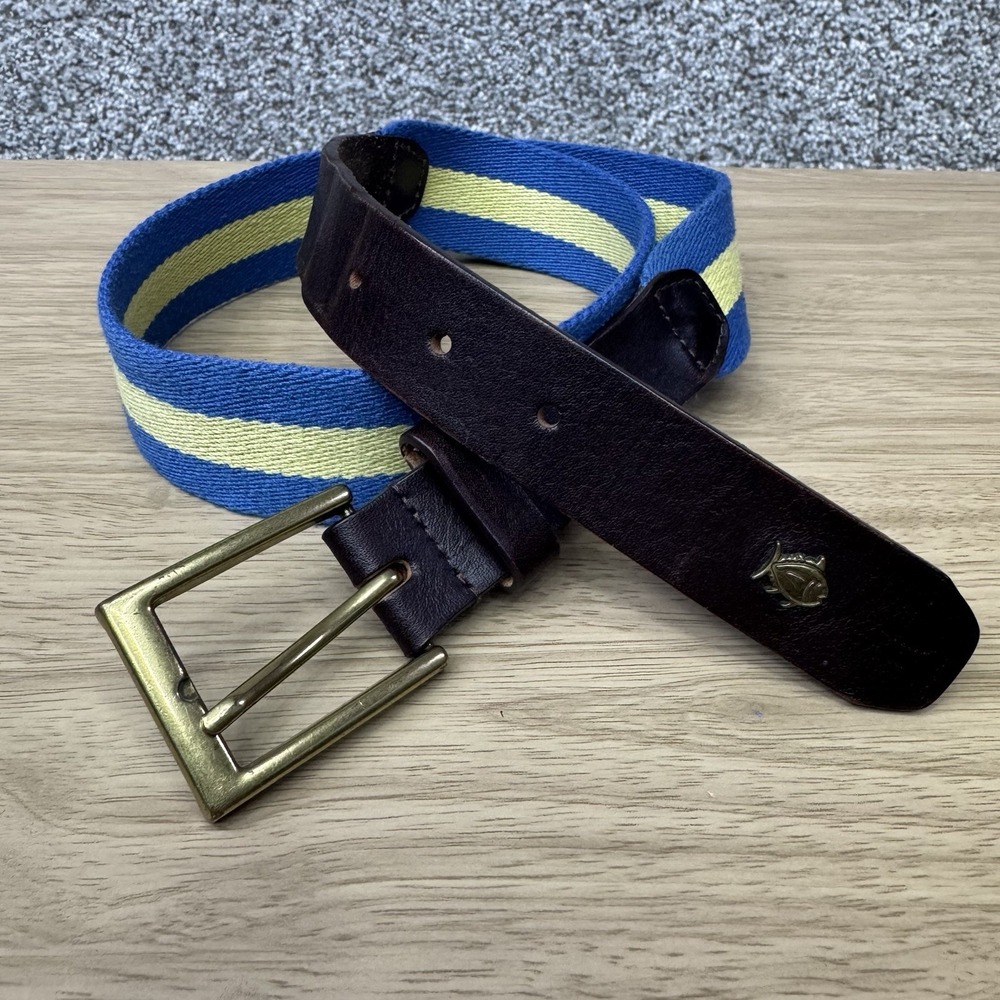 Southern Tide Belt Men's Size 32 Leather Canvas Webbed Golf Stretch Blue Yellow